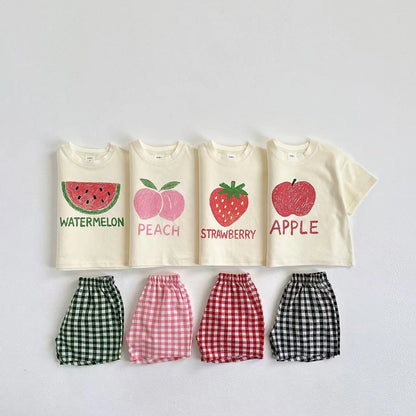 Fruit Pattern T-shirt Children's Clothes Summer Fashion Casual Short Sleeve Suit Tees + Plaid Shorts Kids Outfits