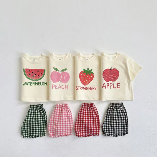 Fruit Pattern T-shirt Children's Clothes Summer Fashion Casual Short Sleeve Suit Tees + Plaid Shorts Kids Outfits