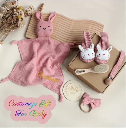 Customize The Name Newborn Gift Baby Cartoon Comfort Towel Baby Socks Mouthwash Towel Wash Box Newborn Bite Ring Headband Set