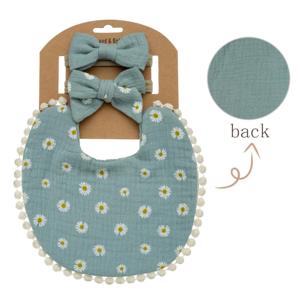 3-Piece Baby Bib & Headband Set, Double-Sided Feeding and Burp Cloth with Soft Nylon Bow Headbands