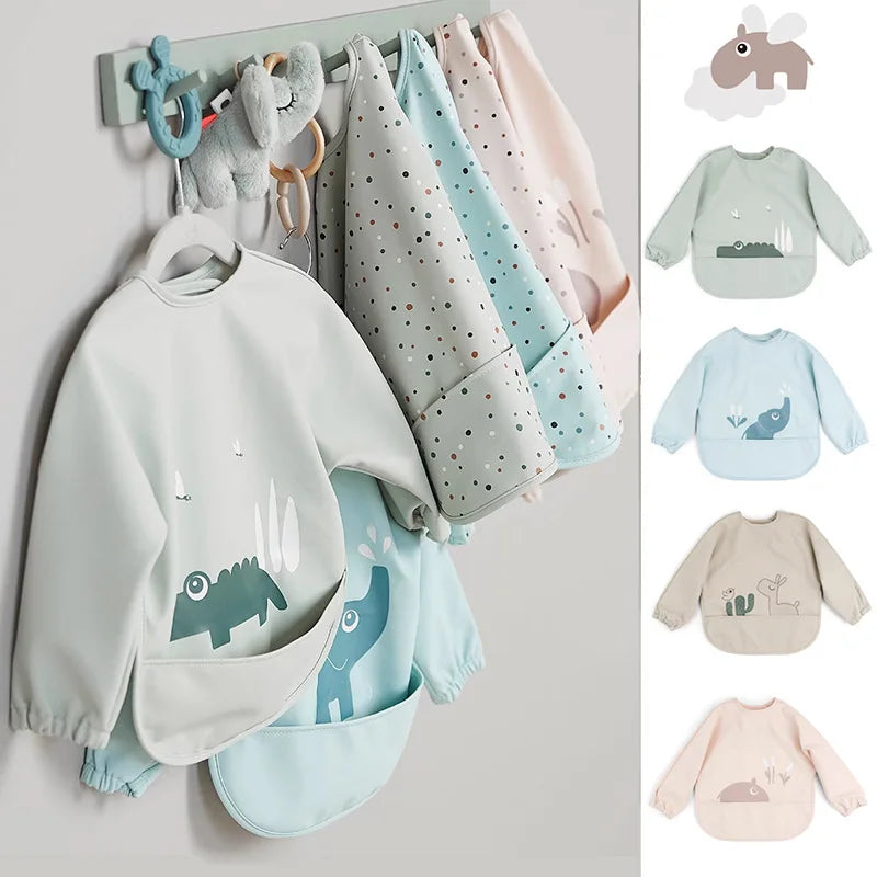 Baby Infant Eating Clothes PU Kids Smock Bib Long Sleeve Waterproof Food Pocket Easy to Clean