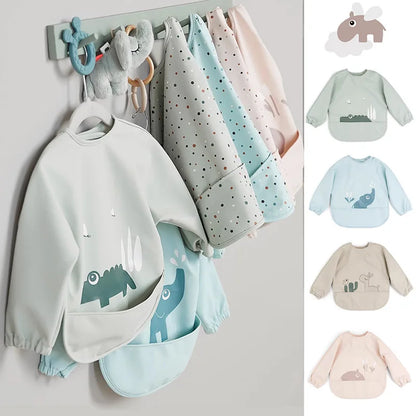 Baby Infant Eating Clothes PU Kids Smock Bib Long Sleeve Waterproof Food Pocket Easy to Clean