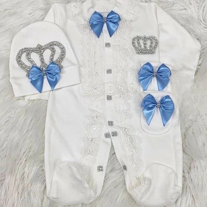Baby Prince Welcome Home 3pcs Crown Layette Hospital Exit Newborn Outfits Swaddle Set Hello World I'm new Cotton