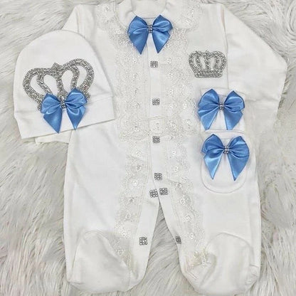 Baby Prince Welcome Home 3pcs Crown Layette Hospital Exit Newborn Outfits Swaddle Set Hello World I'm new Cotton