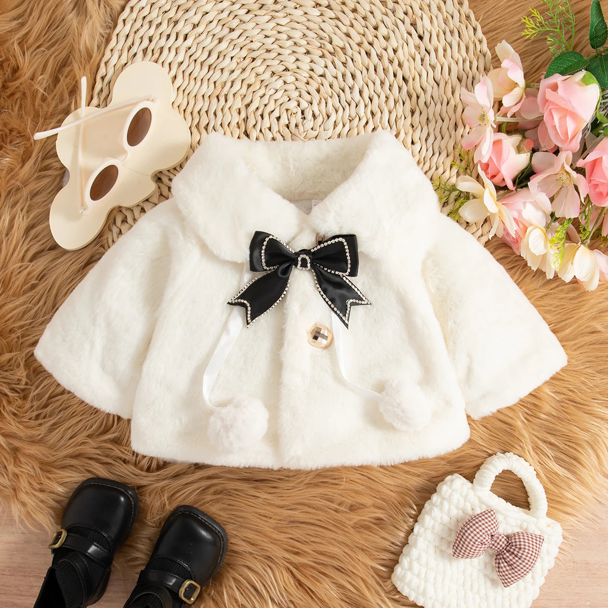 Winter Clothes Bow Solid Color Lapel Fleece-Lined Baby Girl