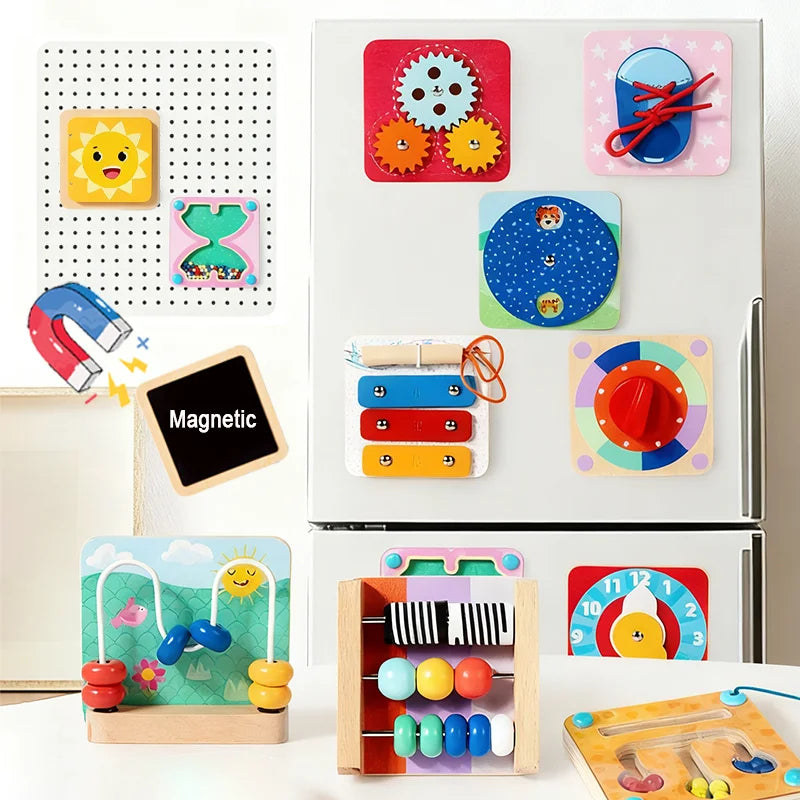 Baby Magnetic Sensory Busy Board Montessori Wooden Toy Simulation Switch Clock Shape Matching Fine Motor Skills Educational Toys