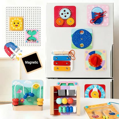 Baby Magnetic Sensory Busy Board Montessori Wooden Toy Simulation Switch Clock Shape Matching Fine Motor Skills Educational Toys