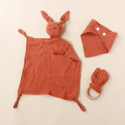 3pcs Set Cotton Muslin Baby Bib Stuffed Rabbit Doll Newborn Appease Towel Security Blanket Baby Sleeping Cuddling Towel Teether