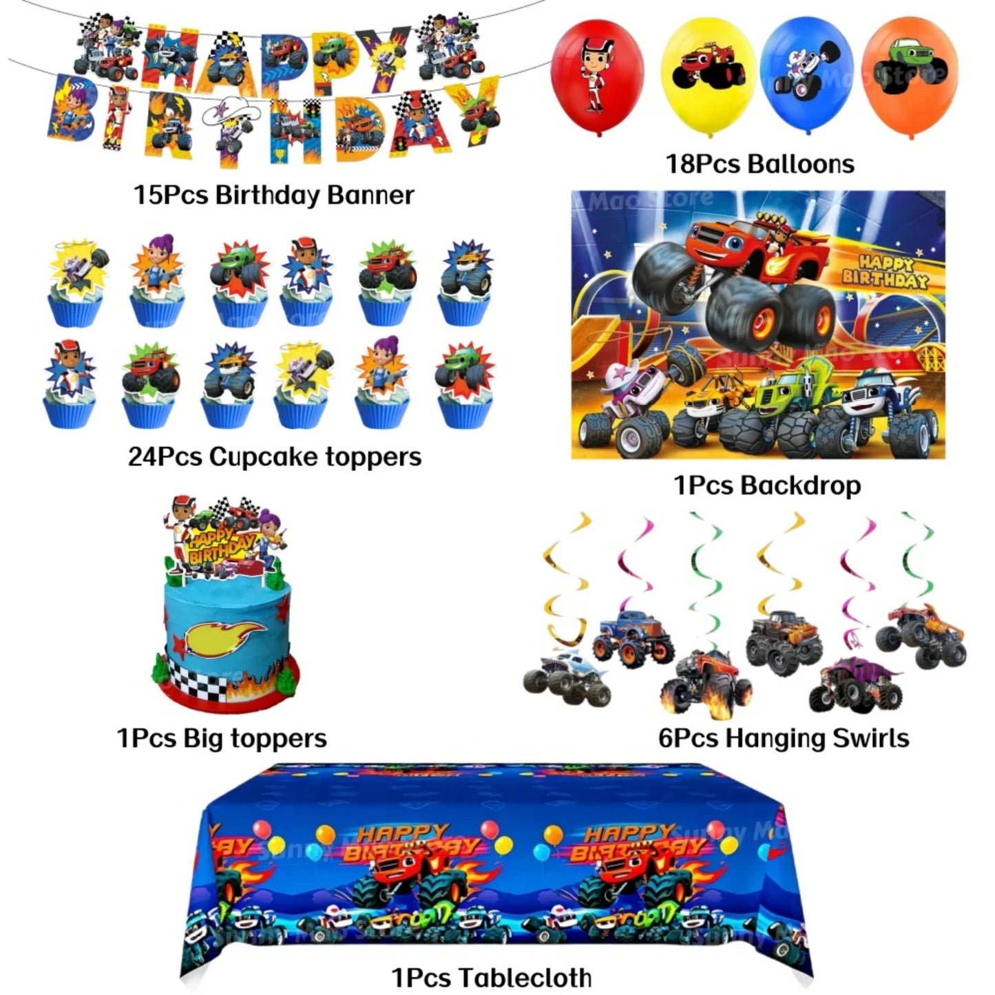 Blaze Monster Birthday Party Supplies Set Tablecloth Banner Cake Toppers Backdrop Balloons Machines Racing  Theme Decor for Kids
