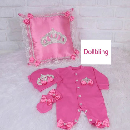 5pcs Baby Girl Outfits Set Welcome Home Hosptial Infant Receiving Blanket Pillow Bed Hat Mittens Romper Set