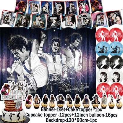Music&Michael&J-jackson Birthday Party Supplies Banner Latex Balloons Cake Topper Cupcake Toppers Backdrop Fans Kids Adults Gift