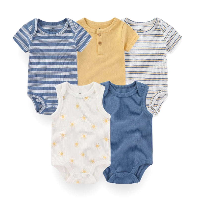 5-Piece Newborn Baby Bodysuit Set, Unisex Cotton Sleeveless Rompers with Cartoon and Solid Color Designs for Boys and Girls