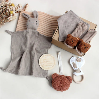 Customize The Name Newborn Gift Baby Cartoon Comfort Towel Baby Socks Mouthwash Towel Wash Box Newborn Bite Ring Headband Set