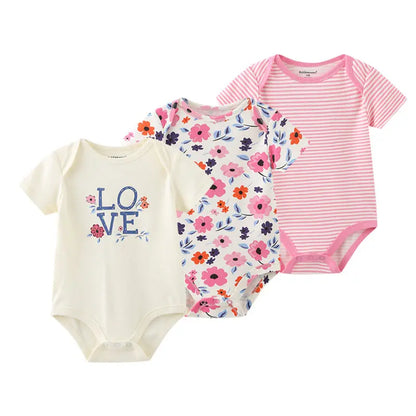 Cotton Newborn Baby Boy Clothes 3Pieces Summer 0-12M Cartoon Baby Girl Clothes Print Bodysuits Short Sleeve