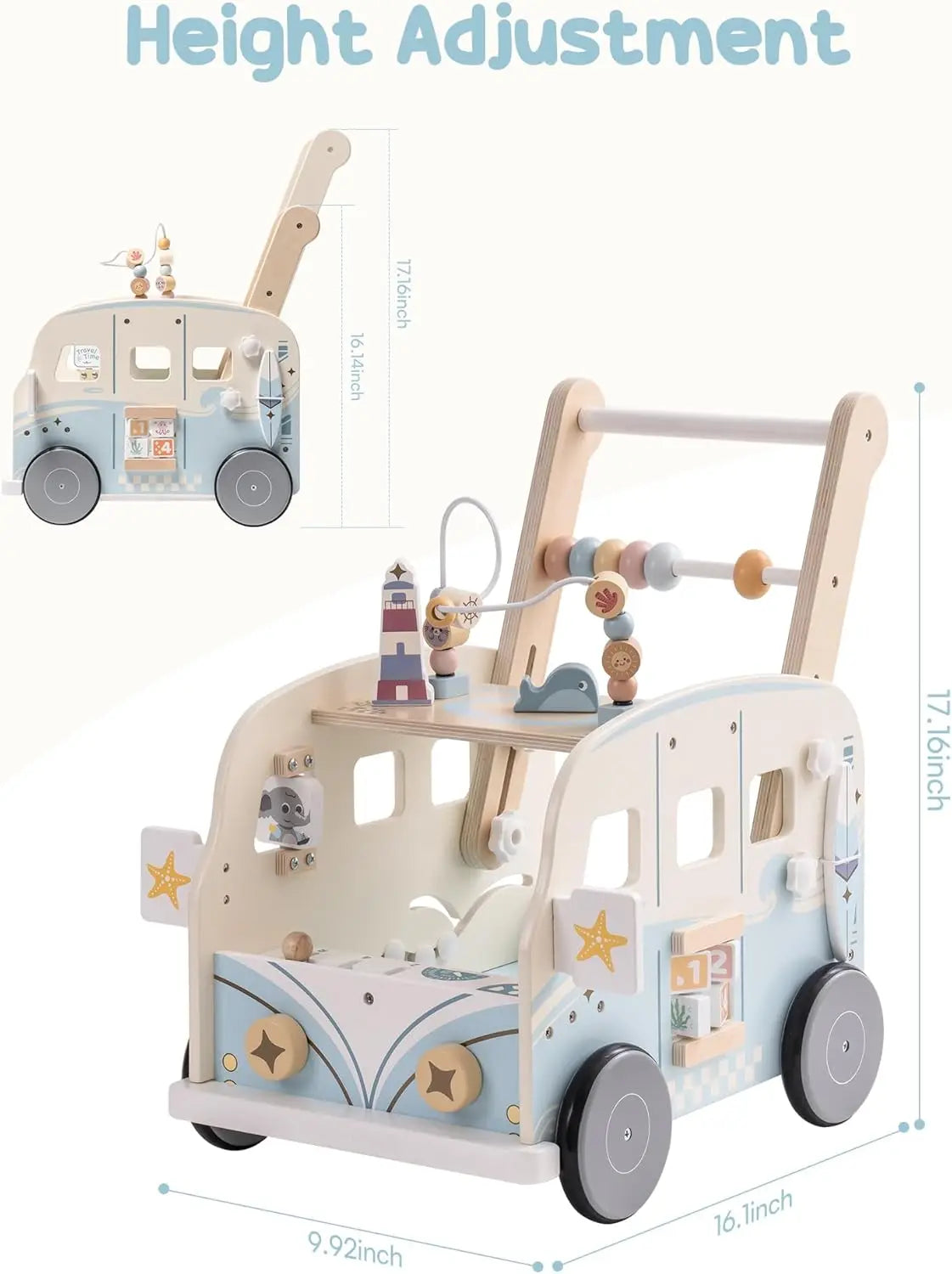 Robotime Robud Wooden Baby Walker Baby Push Along Activity Walkers with Wheels Multifunctional Baby Walker Gift for Boy Grils