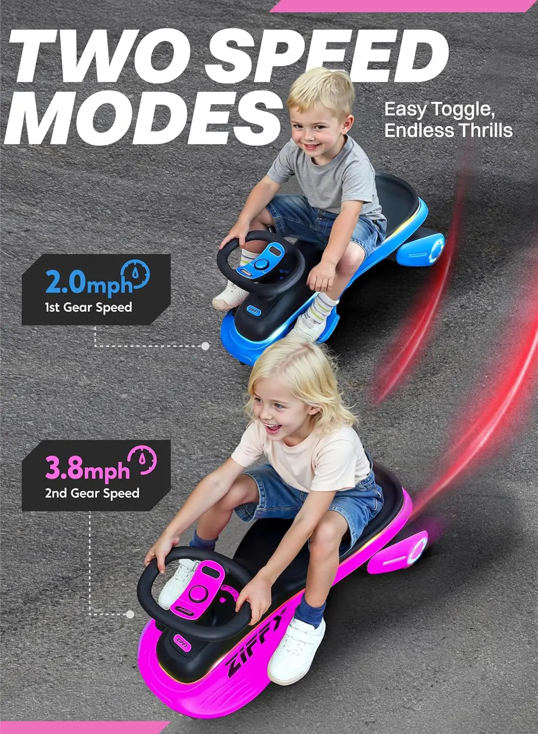 JOYFY 45W 5.5A Electric Wiggle Car Light-Up Rechargeable Battery 2 Speed Ride-On Toy for Kids Ages 3+ (Max 110 lbs)
