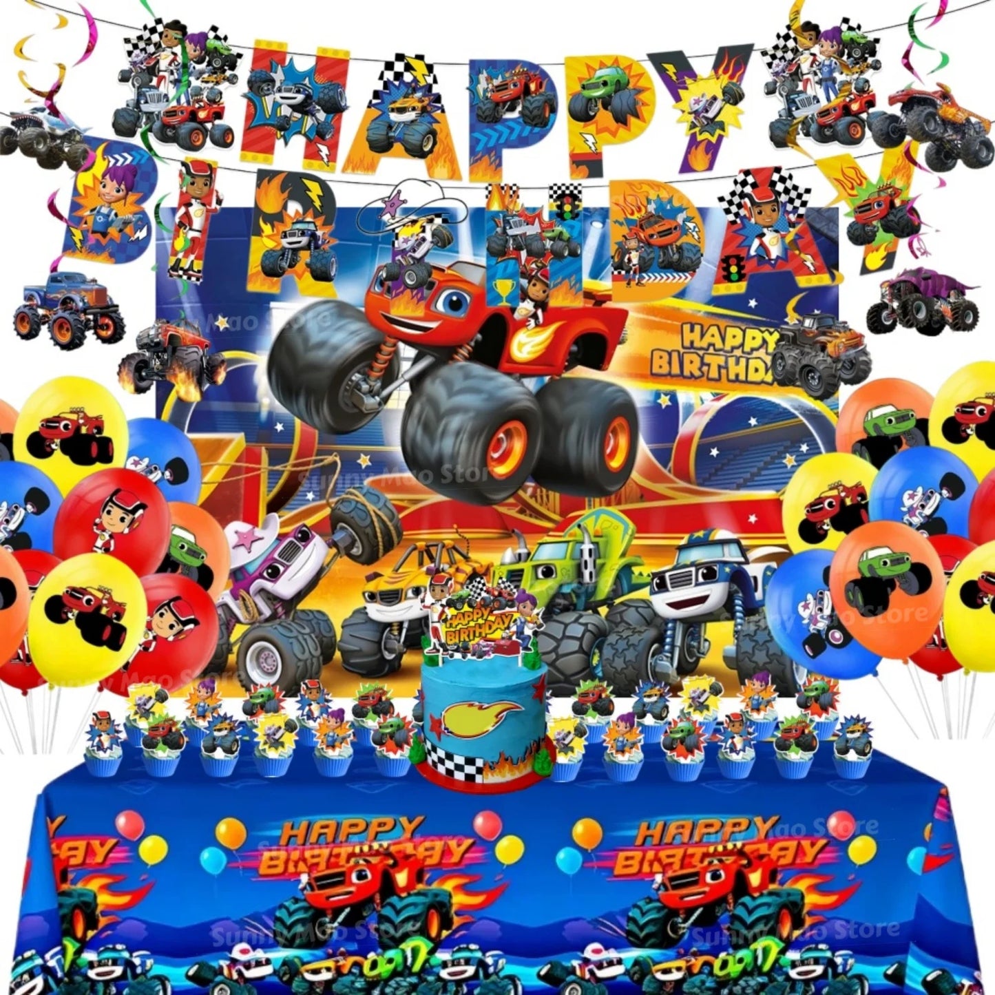 Blaze Monster Birthday Party Supplies Set Tablecloth Banner Cake Toppers Backdrop Balloons Machines Racing  Theme Decor for Kids