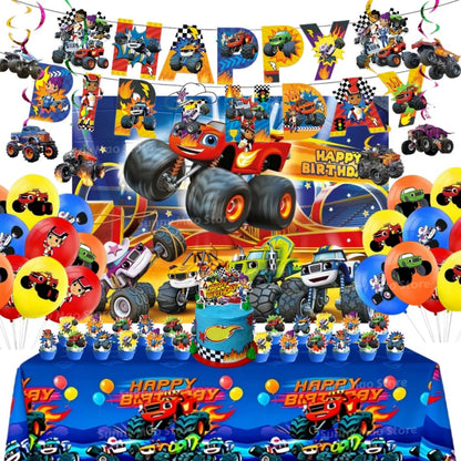 Blaze Monster Birthday Party Supplies Set Tablecloth Banner Cake Toppers Backdrop Balloons Machines Racing  Theme Decor for Kids