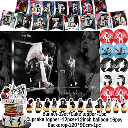 Music&Michael&J-jackson Birthday Party Supplies Banner Latex Balloons Cake Topper Cupcake Toppers Backdrop Fans Kids Adults Gift