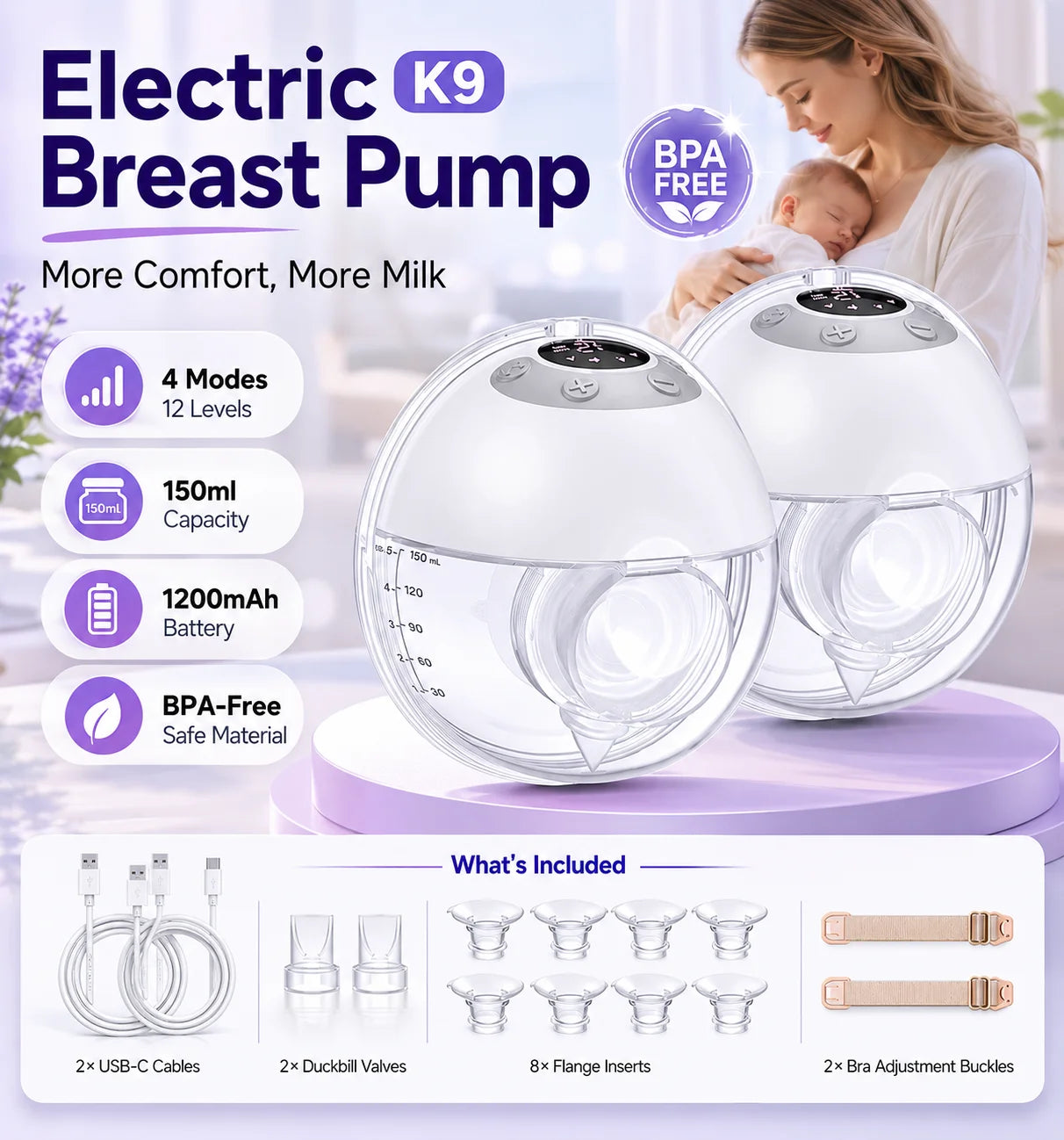 Hands Free Breast Pump K9 Wearable Breast Pump Electirc Portable with 4 Modes & 12 Levels, Max 325mmHg Strong Suction 17/19/21/24/27mm Flange Inserts Wearable Breastfeeding Pump, 2 Pack