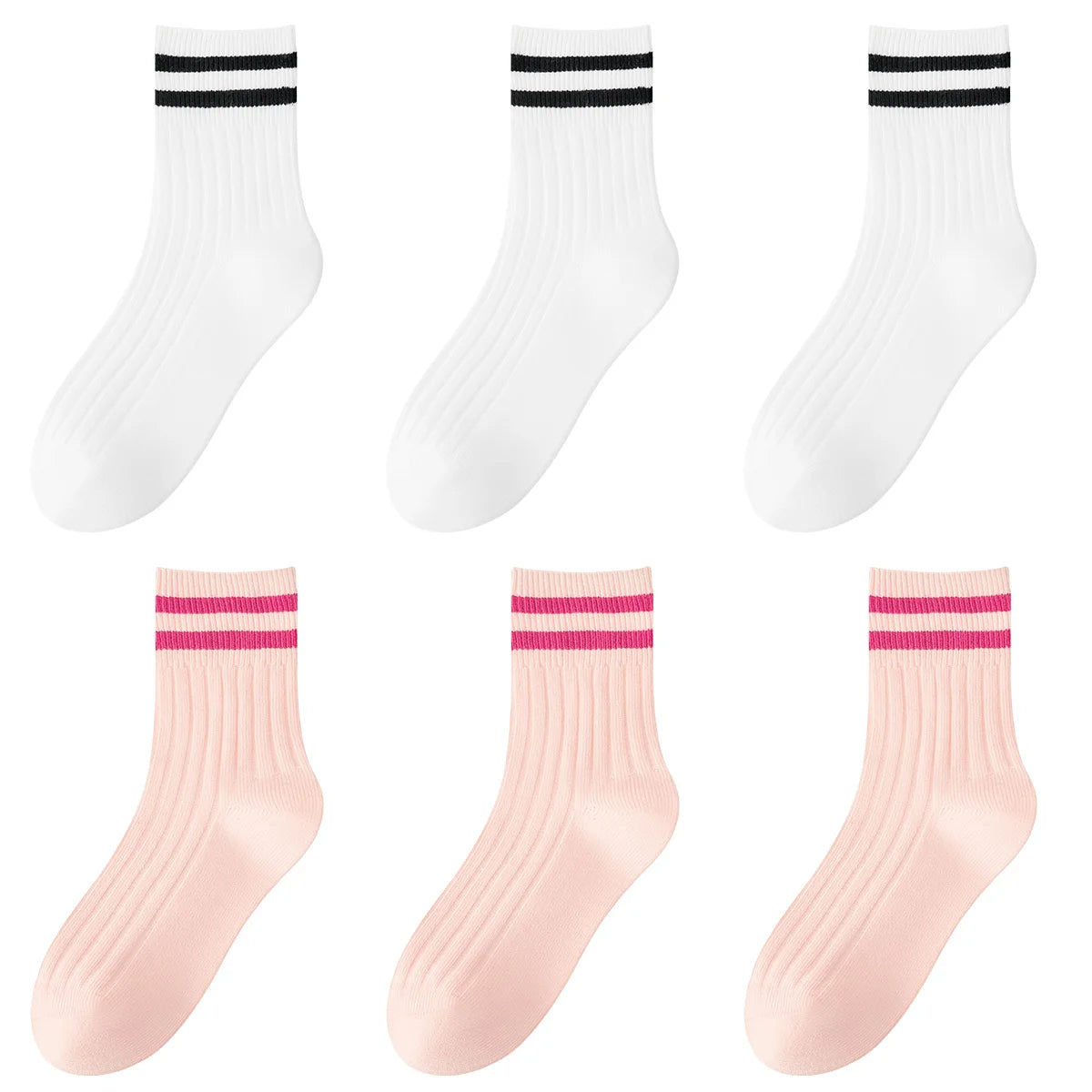 Kids Boys Girls Cotton Socks - Seamless Double Needle Ribbed 2-Stripe, All Season School Home Sports Socks