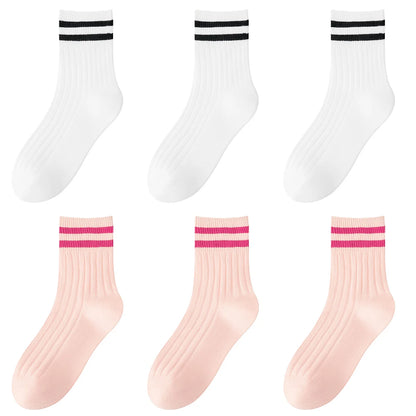 Kids Boys Girls Cotton Socks - Seamless Double Needle Ribbed 2-Stripe, All Season School Home Sports Socks