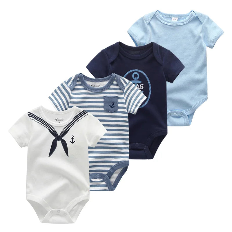 4-Piece Baby Romper Set, Soft Cotton Cartoon Print Short Sleeve Bodysuits for Newborn Boys and Girls (0–12M)