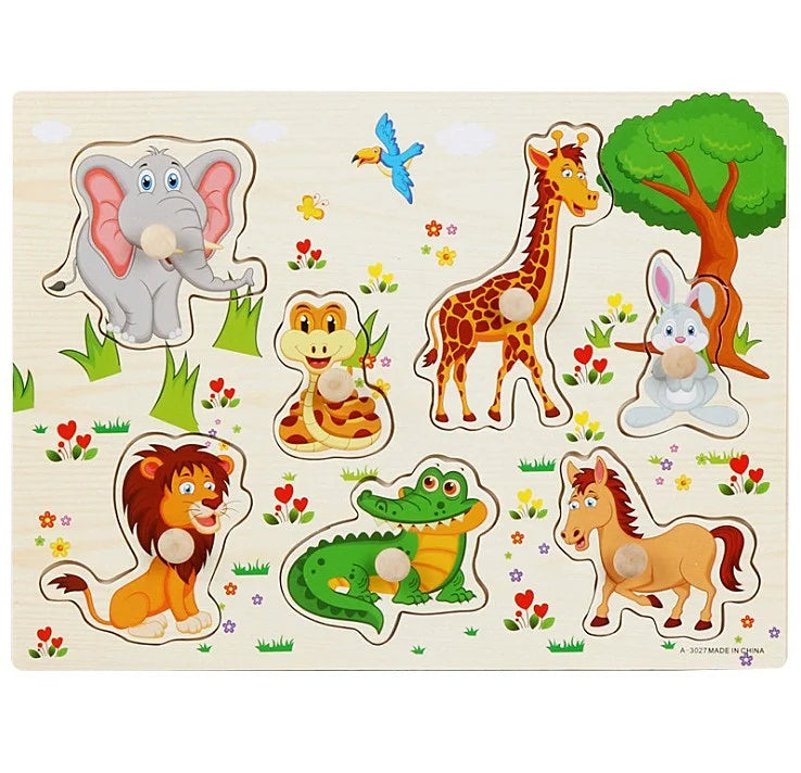 30cm Baby Toys Wooden Puzzle Hand Grab Board Educational Wood Puzzles for Kids Cartoon Animal Vehicle Child Gift