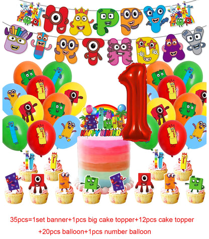 Number Birthday Decorations Building Blocks Tablecloth Banner Spiral Cake Topper Balloon for Kids Baby Shower Supplies Gifts