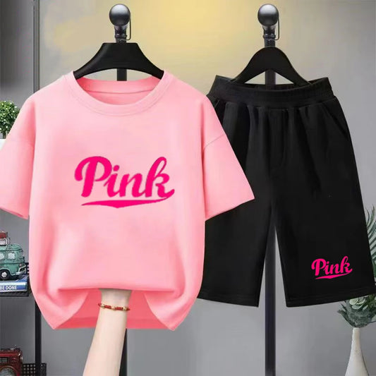Kids Summer Girl Round Neck Black T-shirt+Shorts Short-sleeved Toddler 3-12Y Casual Sports Set Fashion Pink letter print