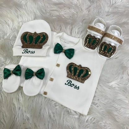 Dollbling Emerald Newborn Baby Boy Personalized Name Outfits 4pcs Welcome Home Hospital Crown Jewelry Romper Set