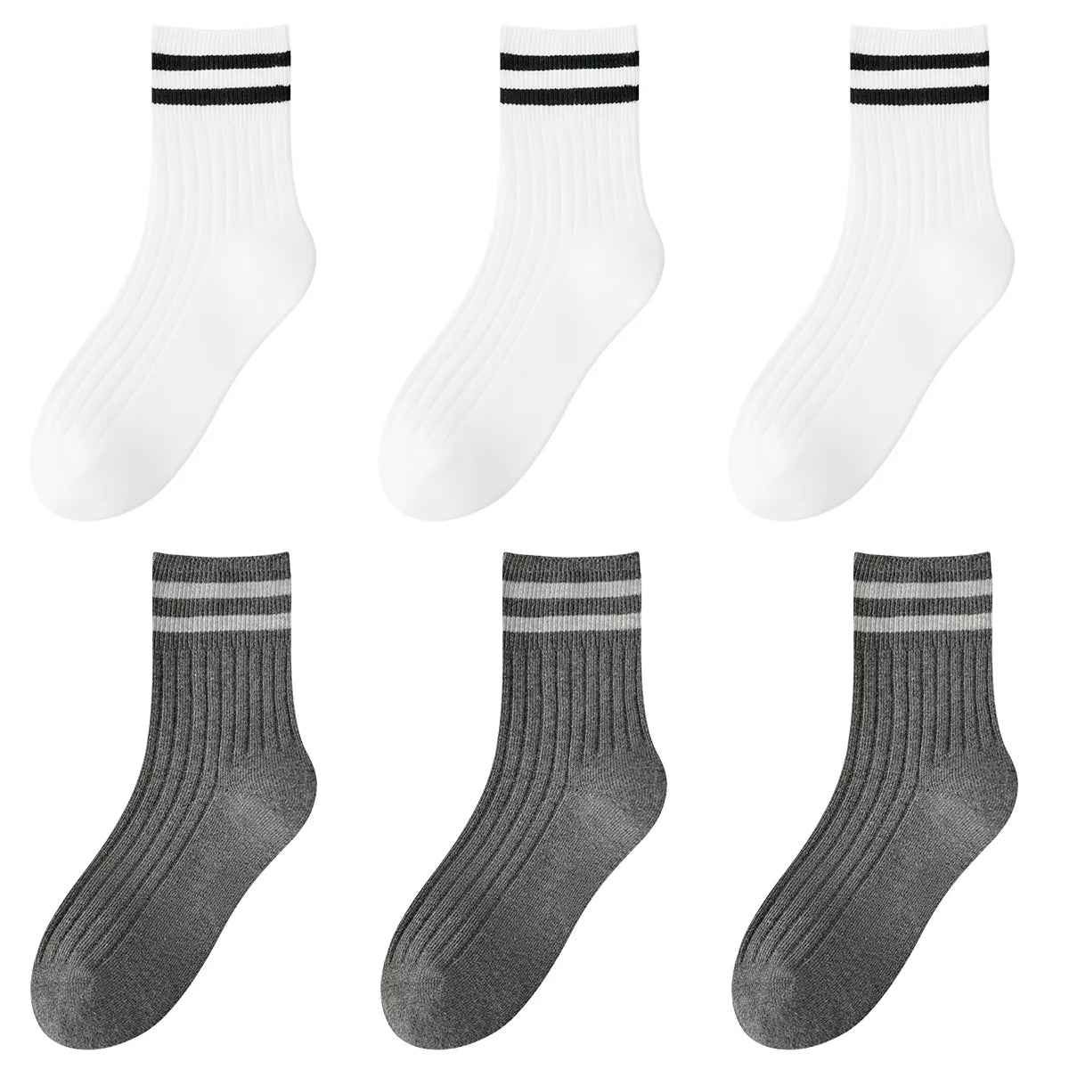 Kids Boys Girls Cotton Socks - Seamless Double Needle Ribbed 2-Stripe, All Season School Home Sports Socks