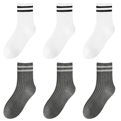 Kids Boys Girls Cotton Socks - Seamless Double Needle Ribbed 2-Stripe, All Season School Home Sports Socks