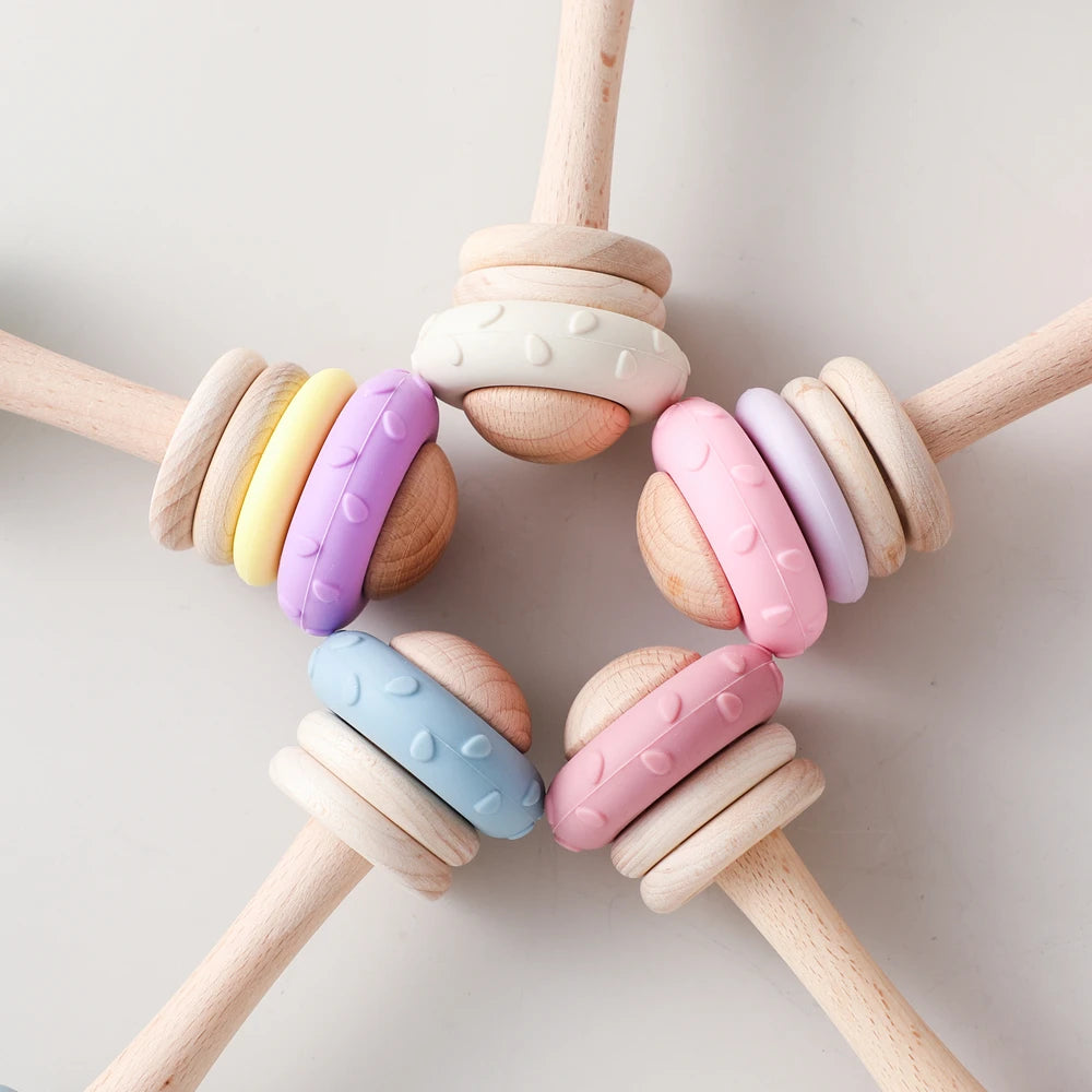 Baby Silicone Teething Toy – Upgraded Rattle, Natural Wood, Food Grade & Gnawable, Easy to Clean, Sensory Training for Infants