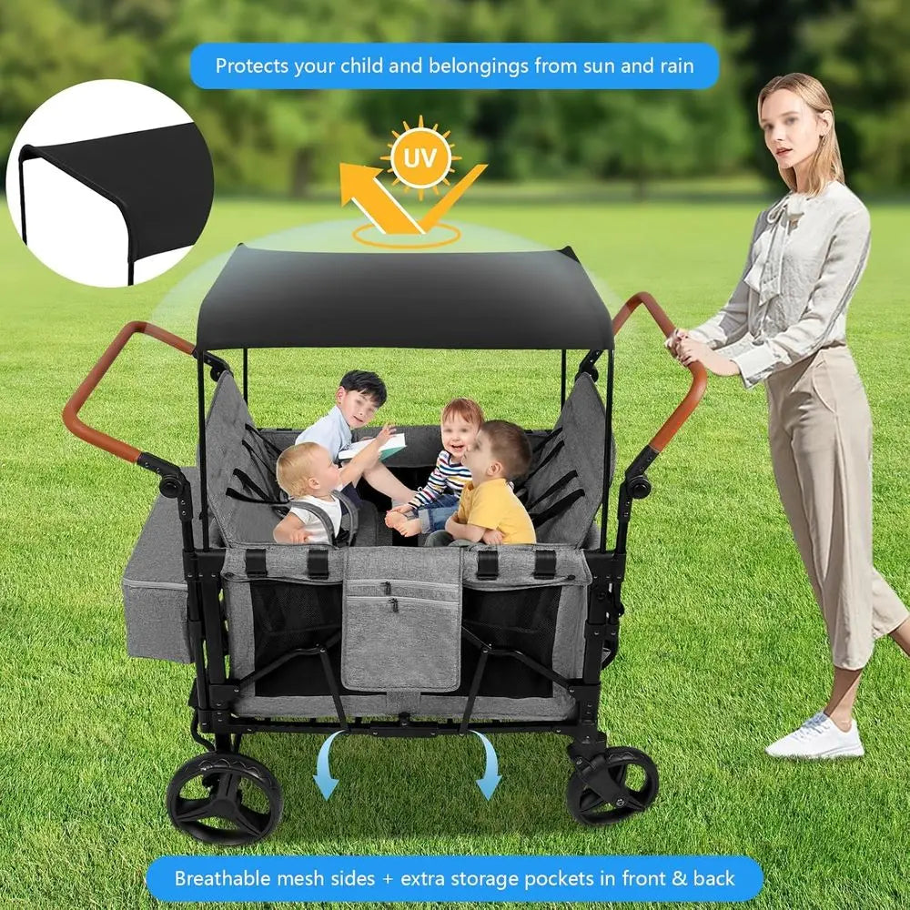 All-Terrain 4-Child Wagon Stroller with Removable 5-Point Harness and Storage Organizer, Suitable for Outdoor Activities