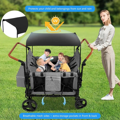 All-Terrain 4-Child Wagon Stroller with Removable 5-Point Harness and Storage Organizer, Suitable for Outdoor Activities