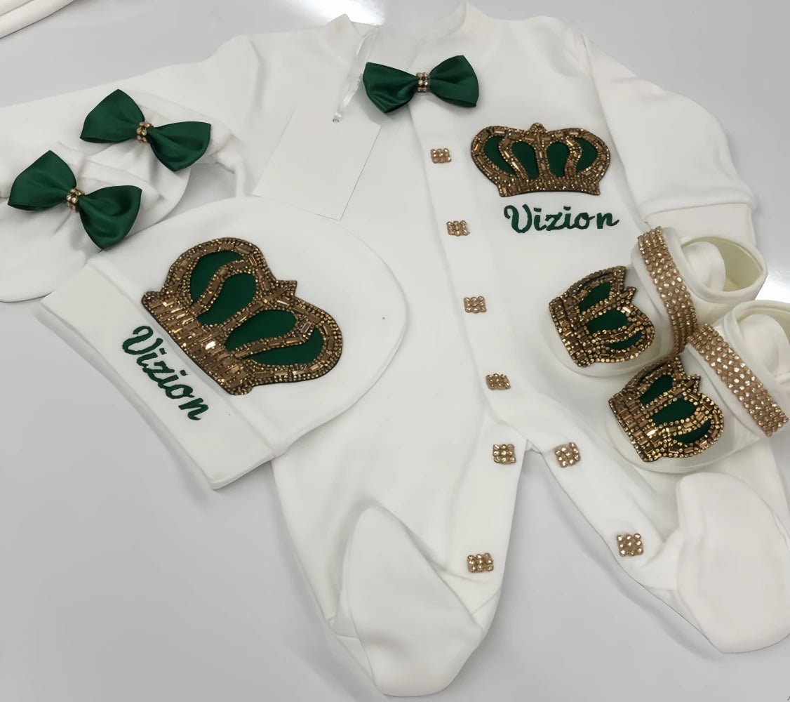 Dollbling Emerald Newborn Baby Boy Personalized Name Outfits 4pcs Welcome Home Hospital Crown Jewelry Romper Set
