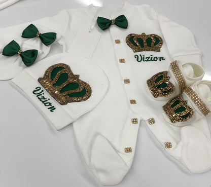 Dollbling Emerald Newborn Baby Boy Personalized Name Outfits 4pcs Welcome Home Hospital Crown Jewelry Romper Set