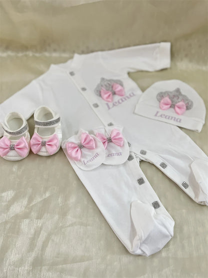 Dollbling Emerald Newborn Baby Boy Personalized Name Outfits 4pcs Welcome Home Hospital Crown Jewelry Romper Set
