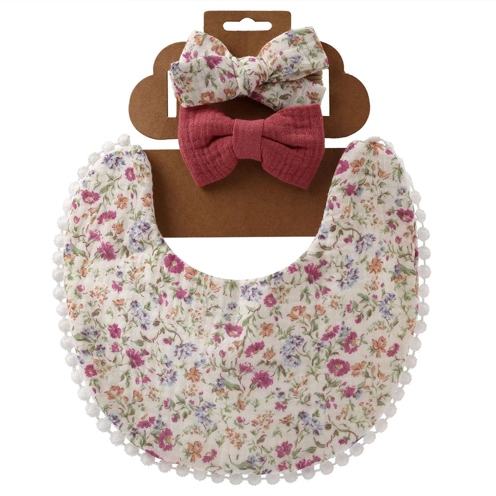 3Pcs/Set Cute Baby Girl Bibs Cotton Floral Infant Burp Cloth With Bow Headband Double Side Saliva Towel Newborn Accessories
