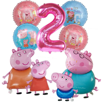9pcs Peppa Pig Foil Balloon Set Pink Numbers Birthday Party Decoration Cartoon Family Balloons for Children's Events Baby Gifts