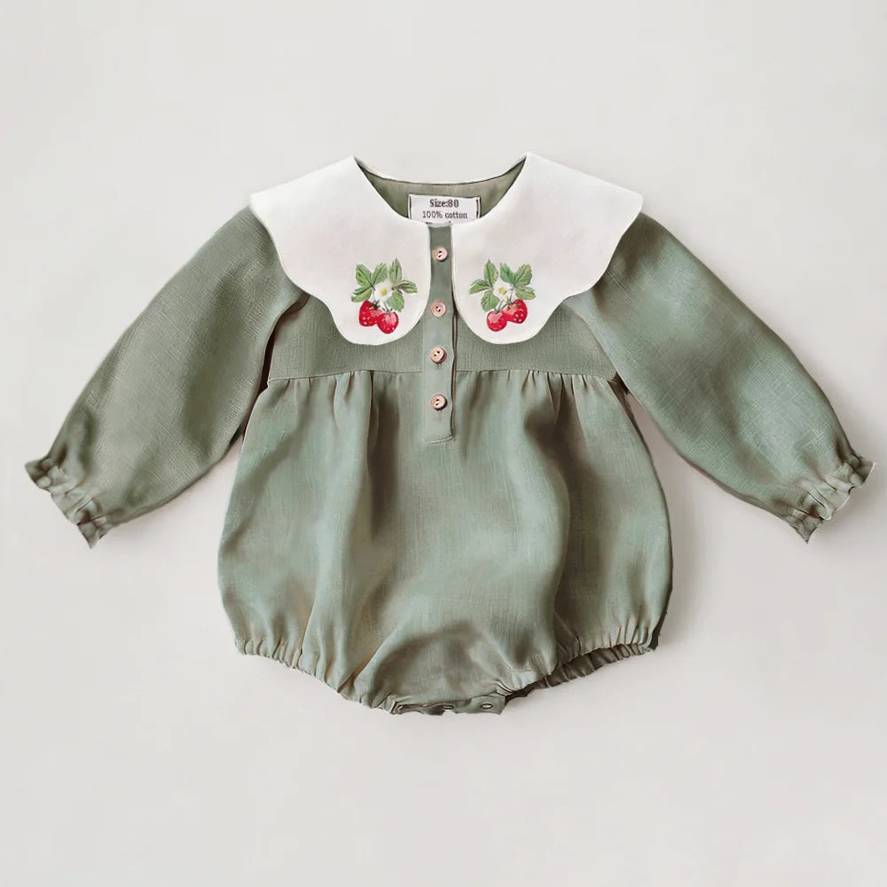 Baby Girls Cotton Linen Romper, Sleeveless Embroidered Summer Outfit (0–2 Years)