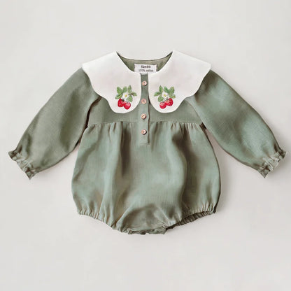 Baby Girls Cotton Linen Romper, Sleeveless Embroidered Summer Outfit (0–2 Years)