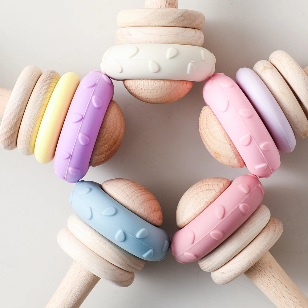 Baby Silicone Teething Toy – Upgraded Rattle, Natural Wood, Food Grade & Gnawable, Easy to Clean, Sensory Training for Infants