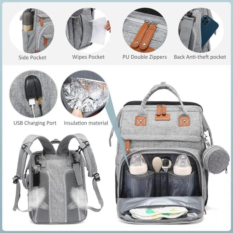 Multifunctional Diaper Backpack Changing Bag Large Capacity Folding Crib Nursing Mommy Bag for Travel