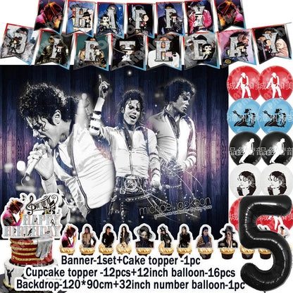 Music&Michael&J-jackson Birthday Party Supplies Banner Latex Balloons Cake Topper Cupcake Toppers Backdrop Fans Kids Adults Gift