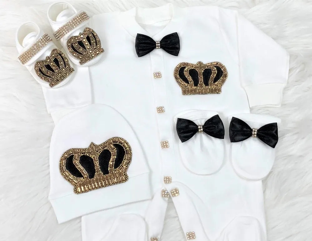 Dollbling Emerald Newborn Baby Boy Personalized Name Outfits 4pcs Welcome Home Hospital Crown Jewelry Romper Set