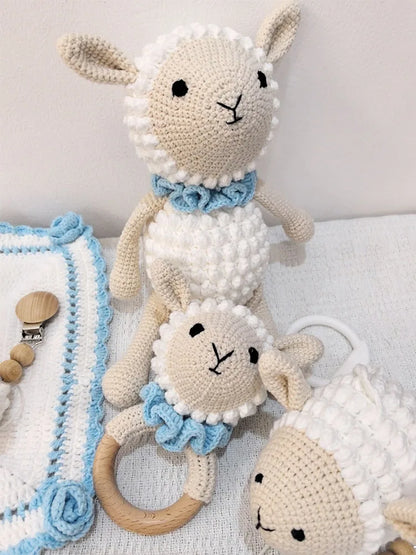 Newborn Educational Ring Teething Toy Baby Cartoon Lamb sheep Wooden Ring Rattle Crochet Wool Toy Customize Pacifier chain Towel