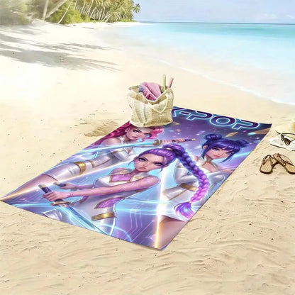 K-pop Idol Style Beach Towel Flat Print Anime Warrior Girls Graphic Bath Towel for Fan Gift Summer Concert Outdoor Decor