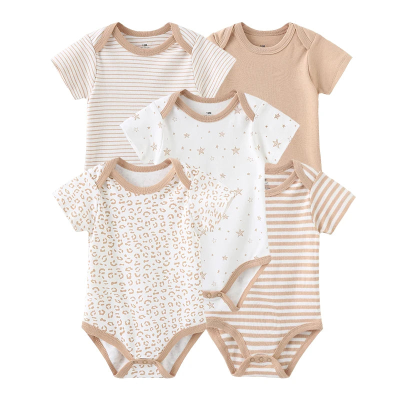 5-Piece Newborn Baby Bodysuit Set, Unisex Cotton Sleeveless Rompers with Cartoon and Solid Color Designs for Boys and Girls